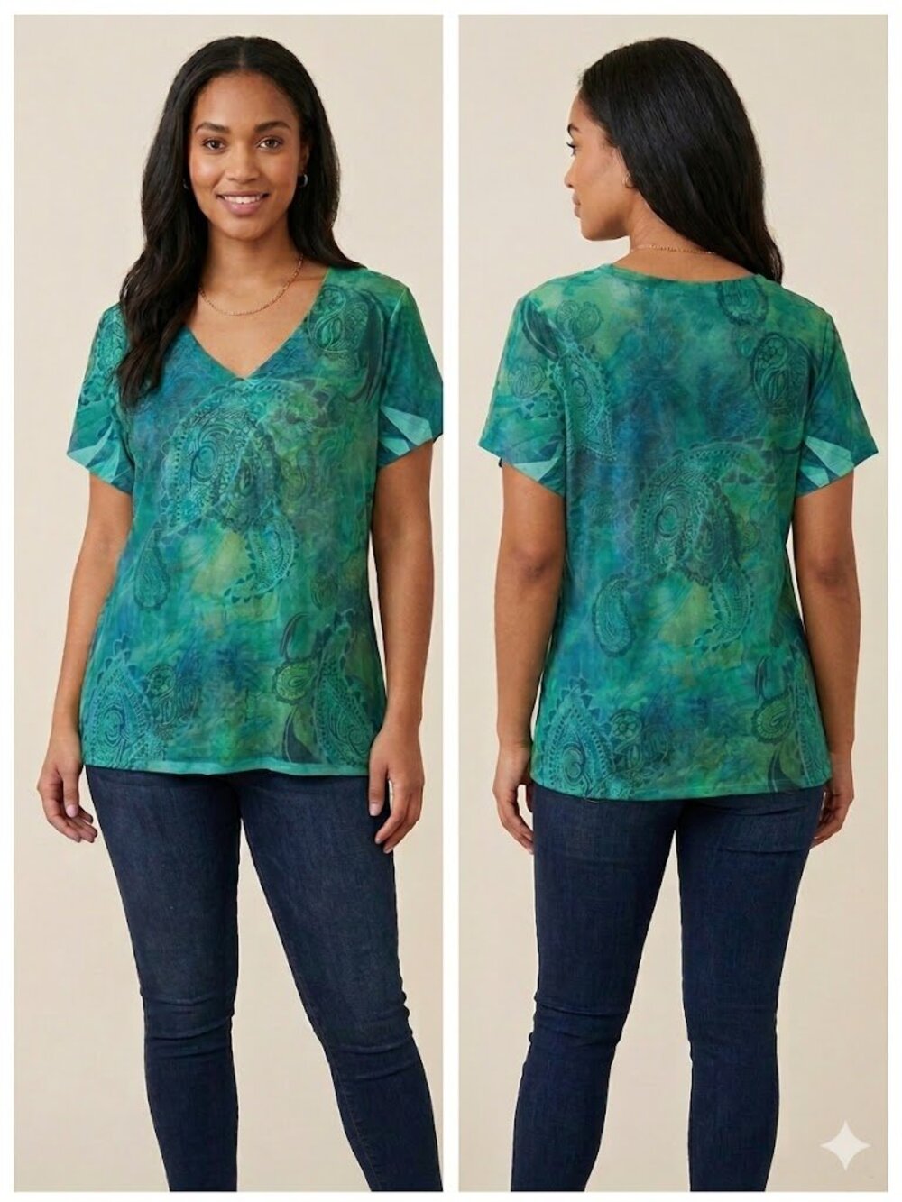 Appropriate Behavior Teal Green Paisley V-Neck Blouse Top Sz XL Short Sleeve - Picture 3 of 9